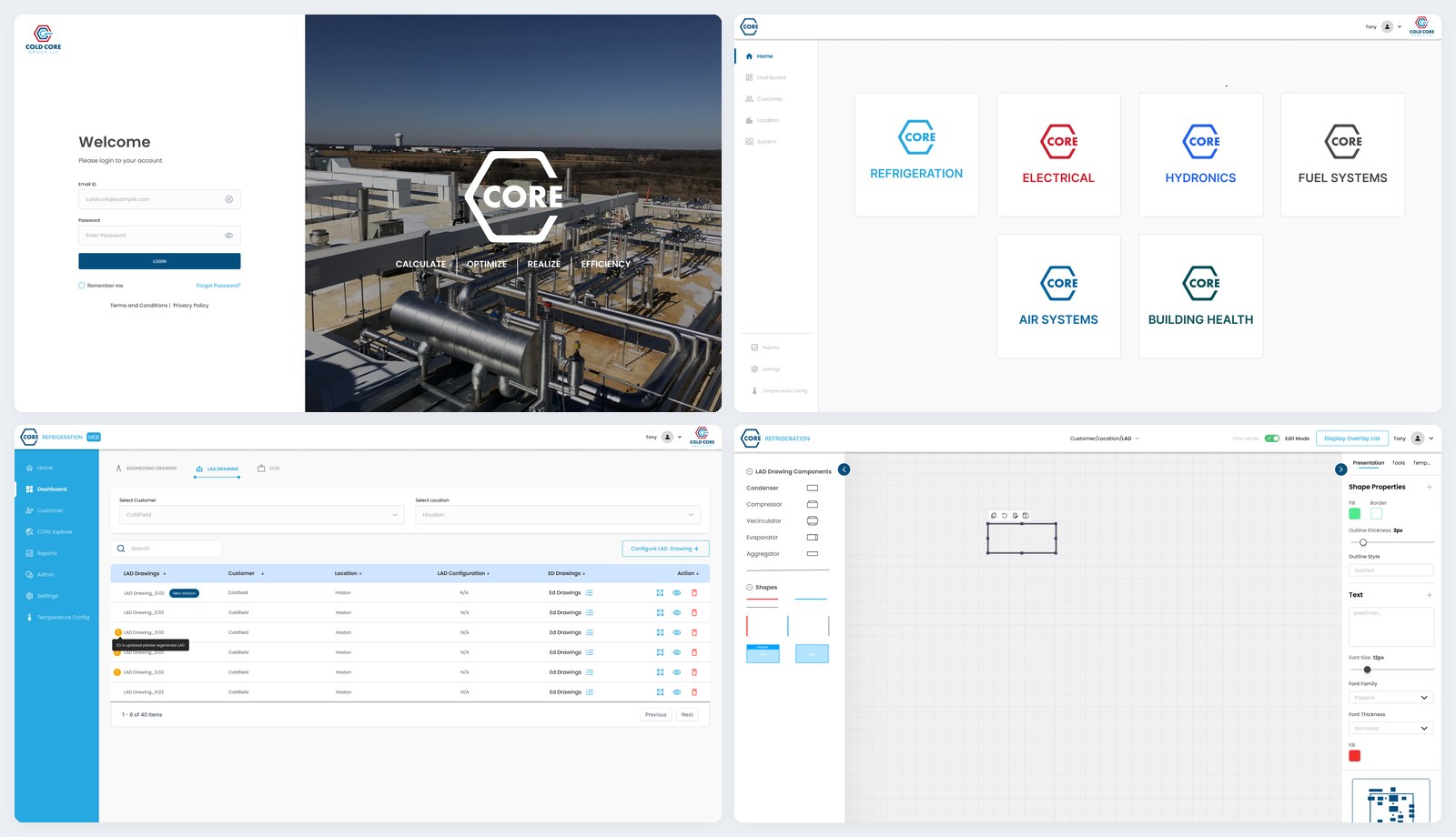 Four high-fidelity CORE screens: login, home, LAD list and LAD drawing tool