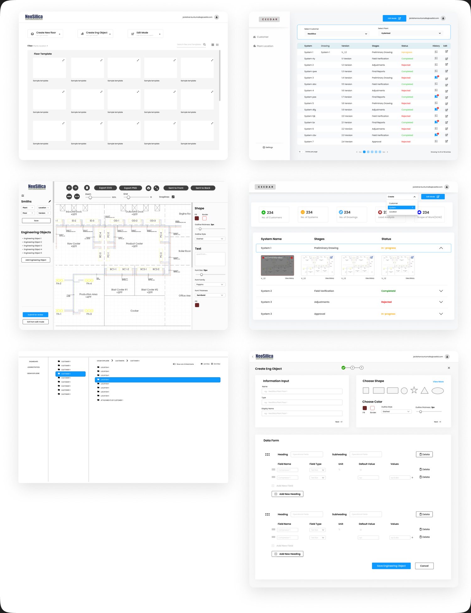 Six early wireframes of templates, systems, canvas and explorer