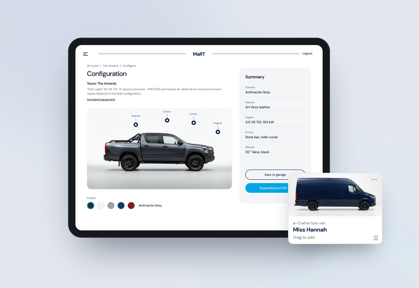 MaRT garage of pre-configured cars