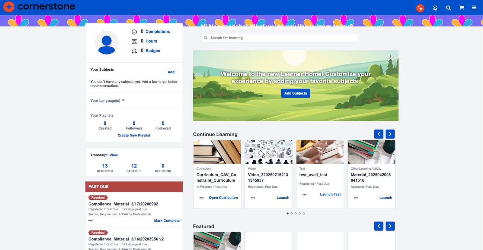 Before: the old Learner Home page